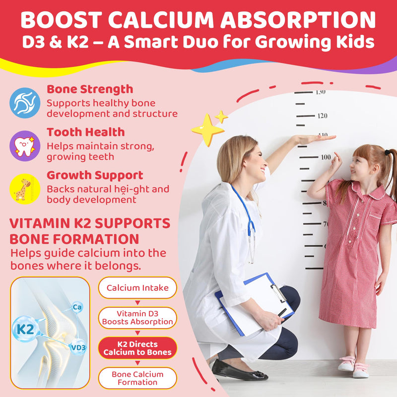 Vitamin D3 K2 + Calcium Liquid-filled Gummies for Kids & Teens, 1000IU / 2000IU D3 with Magnesium, Algal Omega 3, Kids Vitamins for Bones & Teeth, Calcium Absorption, Brain, Immune, Sugar-Free, 60Cts 60 Count (Pack of 1)