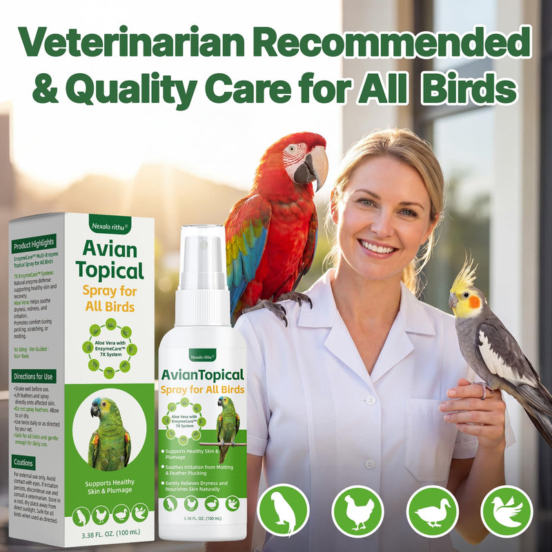 Avian Care Topical Spray for All Birds, Aloe Vera Bird Spray for Dry Itchy Skin, Molting and Feather Stress Support, Gentle Topical Care for Skin Comfort and Healthier Looking Plumage, Daily Use