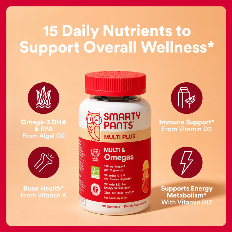 SmartyPants Plus Multi & Omegas Men and Women's Multivitamin Gummies with Omega 3 DHA/EPA, Vitamin D3, C, B12, B6, A, K, Zinc, Biotin, Clean Label, Three Fruit Flavors, 90 Count (30 Day Supply) Adult Mutivitamin Gummies