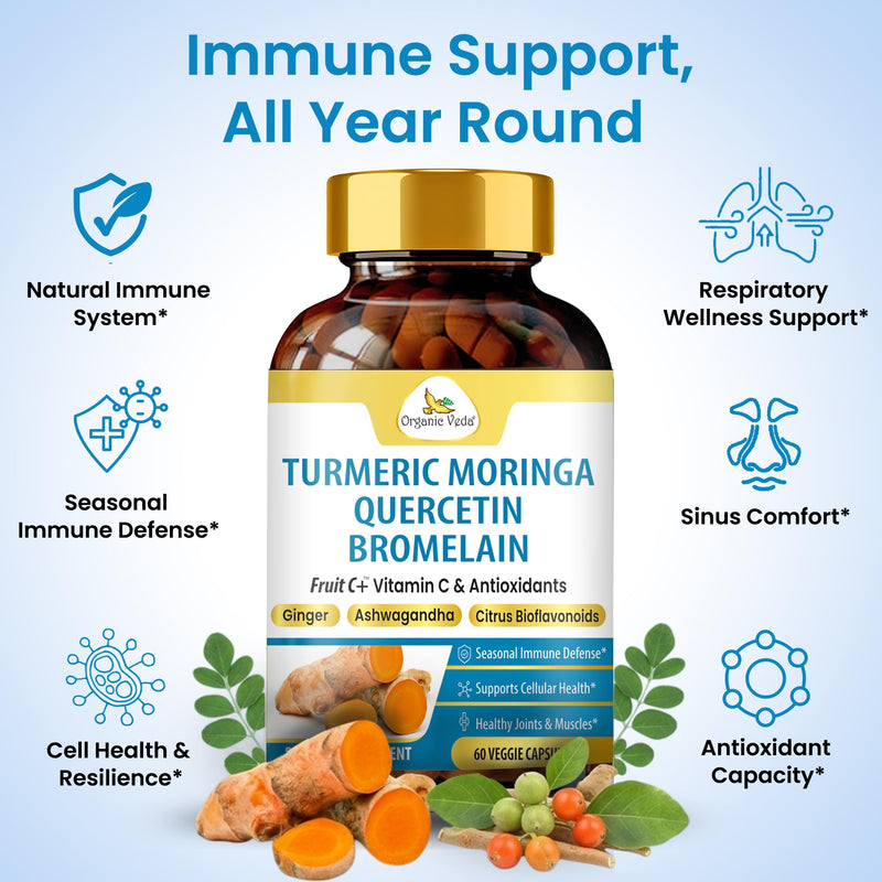 Organic Veda Quercetin with Bromelain Supplement Turmeric Moringa Powerful Antioxidants for Immune Support, Natural Respiratory Health - Super Fruits Vitamin C with Citrus Bioflavonoids - 60 Capsules