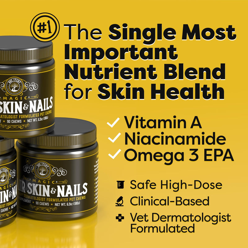 Hair Skin & Nails Dog Pet Chews | Medical-Strength Vitamin A Retinol & B3 Niacinamide | Omega 3 EPA | Super Nutrients to Boost Skin Health & Prevent Irritation | Food Allergy Safe | 90 Count - PawsPlanet Australia