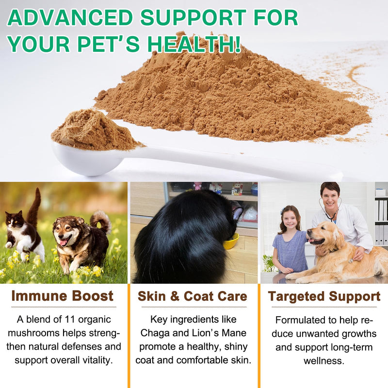 Mushroom Supplement Powder for Dogs & Cats, 11 Beneficial Mushroom Complex for Immune Support, Cellular Protection, Heart & Brain Health Lion's Mane, Reishi & Turkey Tail, Bacon Flavor - 120g 120 g (Pack of 1)