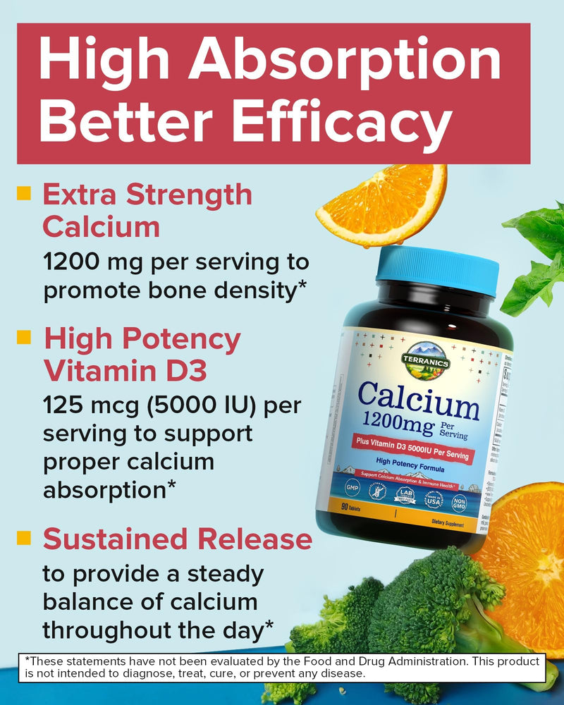 Terranics Calcium 1200 mg with Vitamin D3, High Absorption Calcium Supplement for Women and Men, Supports Bone, Teeth & Immune Health, Easy-to-Swallow Coated Tablets, 90 Count 90 Count (Pack of 1)