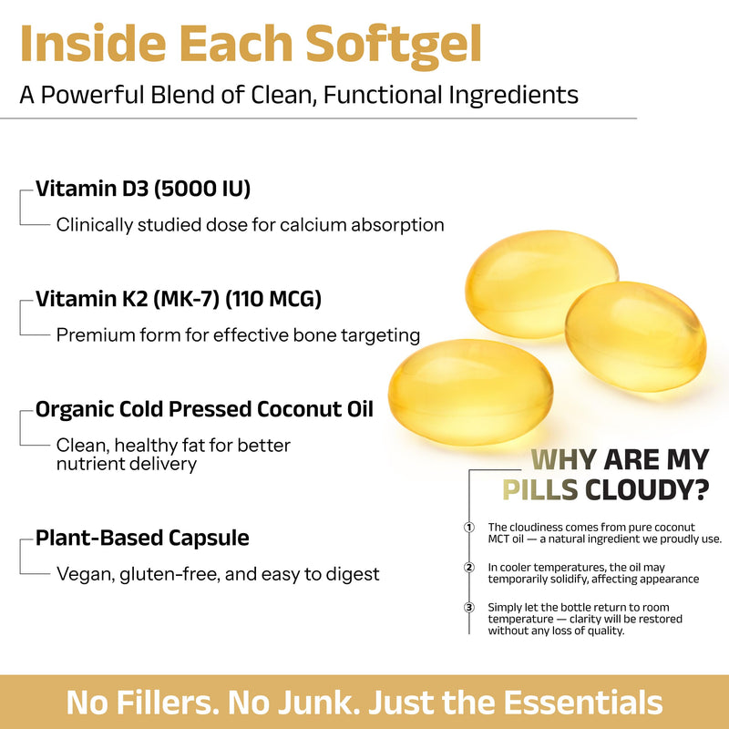 Vitamin D3+K2 with Coconut Oil - Vegan Vitamin D 5,000 IU & MK7 Vitamin K 110mcg for Bone, Heart & Immune Support, Non-GMO, Third Party Tested, Soy Free, High Absorption 60 Veggie Softgels