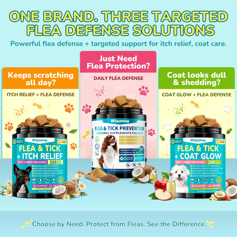 Woyamay Flea and Tick Prevention for Dogs Chewables, 200 Soft Treats, Natural Dog Flea and Tick Treatment, Oral Flea Chews for Dogs Supplement, Flea and Tick Chews for Dogs Puppies, All Breeds & Sizes