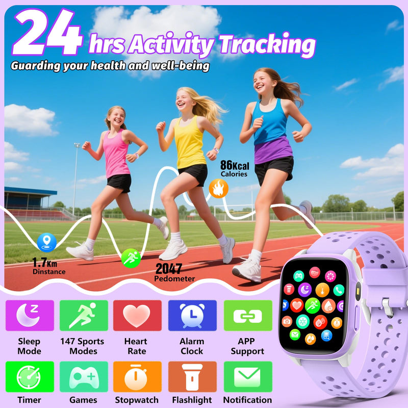 meoonley Kids Watch with 140 Sports Modes, 1.5" Kids Fitness Tracker, Girls Smart Watch, No APP/Phone Required, Sleep Monitor, Heart Rate, Puzzle Games, IP68 Waterproof,Gifts for Girls Teens Aged 6-15 Purple