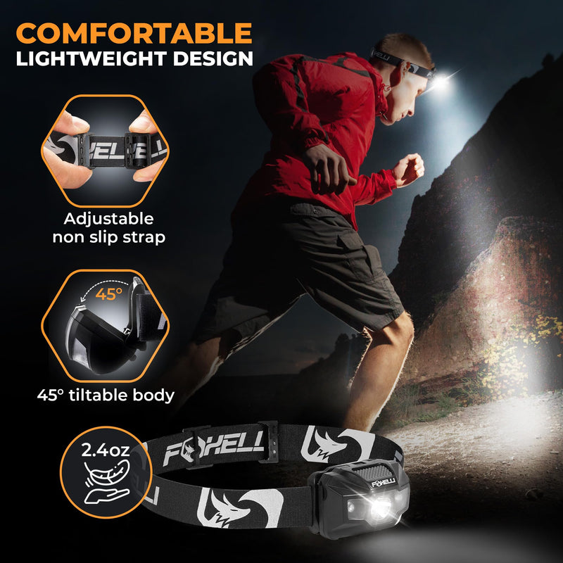 Foxelli USB‑C Rechargeable LED Headlamp – Ultra‑Light 2.4 oz & Bright 180 Lumens – Red/White Light, 5 Modes, IPX5 Waterproof, 40 h Runtime for Trail Running, Camping, Hiking 2-Pack Black