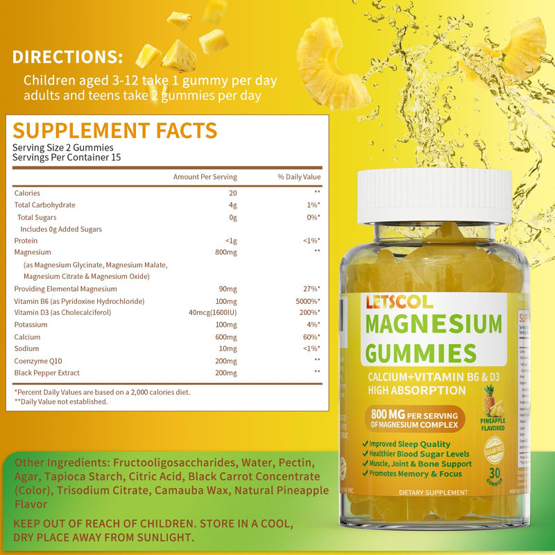 Magnesium Glycinate Gummies, Sugar Free Magnesium Supplement with Magnesium Malate, Calcium, Vitamin D3, B6, CoQ10 for Calm Support & Sleep for Adults Kids Pineapple 30 Count (Pack of 1)
