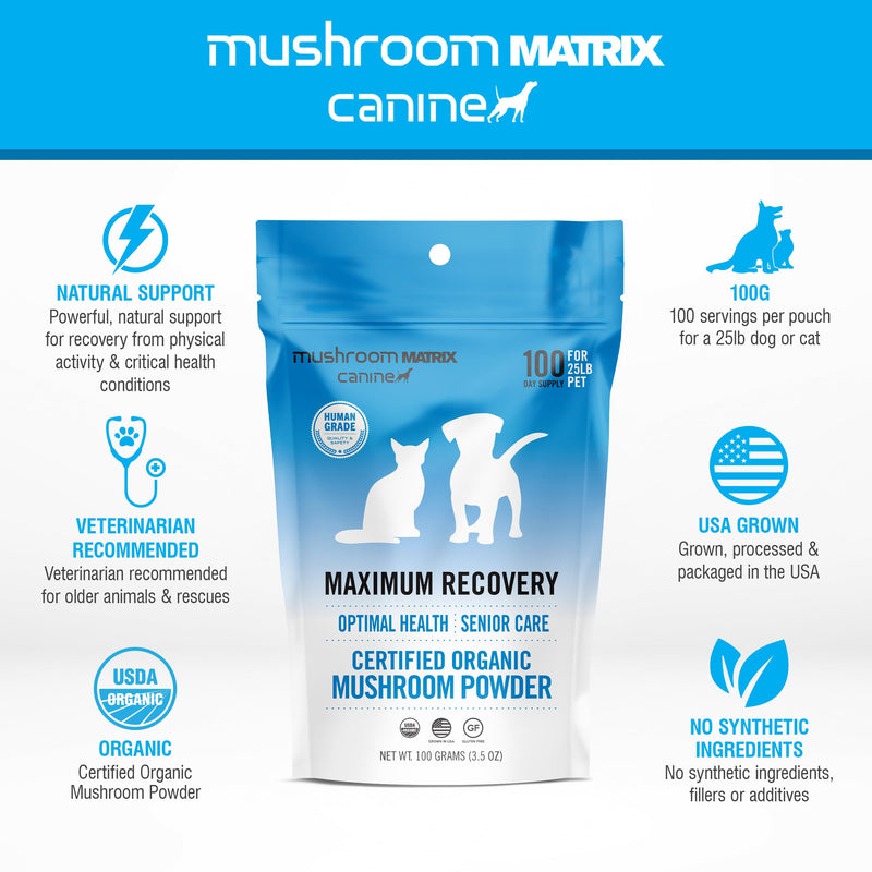 Om Mushroom Matrix Pet - Canine | Maximum Recovery | USA Grown Human-Grade Organic Mushroom Powder Pet Supplement | Optimal Health & Senior Care for Dogs & Cats | 100 Grams, 3.5 oz