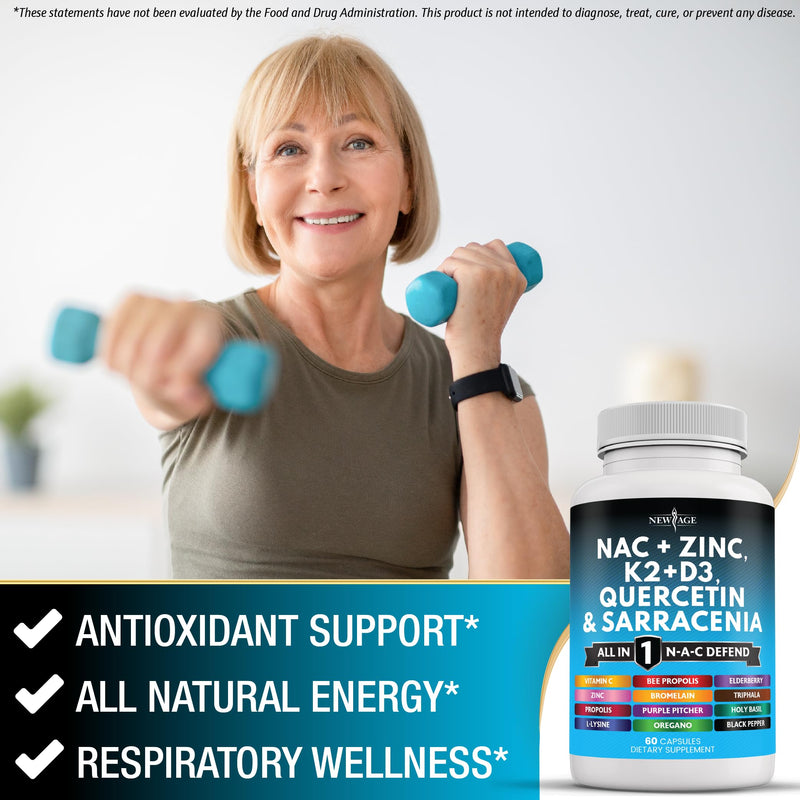 NEW AGE NAC Supplement N-Acetyl Cysteine- with Vitamin D3, K2, Zinc, Quercetin, Triphala, Sarracenia Purpurea, Elderberry, Holy Basil, Bee Propolis, Bromelain, L-Lysine - 180 Count 60 Count (Pack of 3)