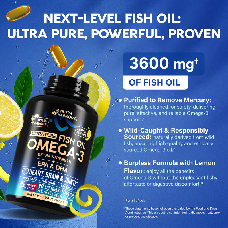 Omega 3 Fish Oil 3600 mg - Omega 3 Supplement | EPA & DHA - Heavy Metals Free - Heart, Brain & Joint Support - Purified Fish Oil for Men & Women - Burpless, Lemon Flavored - Made in USA, 90 Softgels - BeesActive Australia
