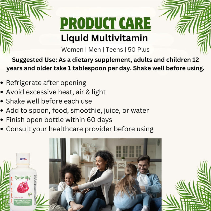 Go Healthy Liquid Vitamins for Women, Men, Teens | Vegan Vitamin & Mineral | High Absorption | Premium Liquid Multivitamin | Immune Support | Raspberry - 32 Servings 16 Fl Oz (Pack of 1)