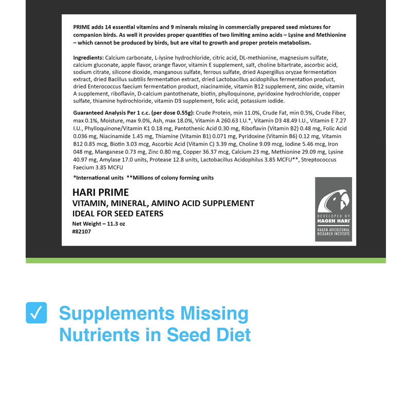 Hari Prime Parrot Vitamin, Mineral and Amino Acid Supplement for Seed Eating Birds, 11.3oz Prime Vitamin Supplement 11.3 oz