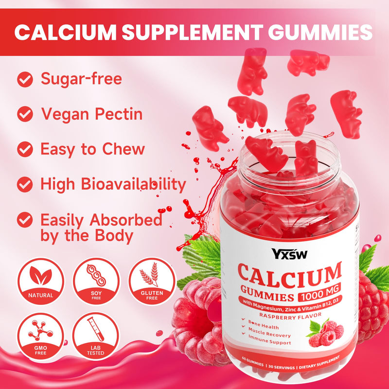 Calcium Gummies 1000mg with Vitamin D3 K2 & B12 Complex, High Absorption Potassium, Calcium Magnesium Zinc Supplement for Bone, Muscle, Mood and Immunity Support, Raspberry Flavor, 60 Count 60 Count (Pack of 1)