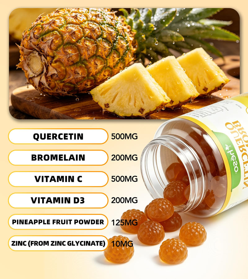 Quercetin Gummies 500mg with Bromelain, Vitamin C, D3 & Zinc – Sugar Free Immune Support Supplement – Antioxidant Complex with Pineapple Enzyme, 60 Gummies (30 Servings) 60 Count (Pack of 1)
