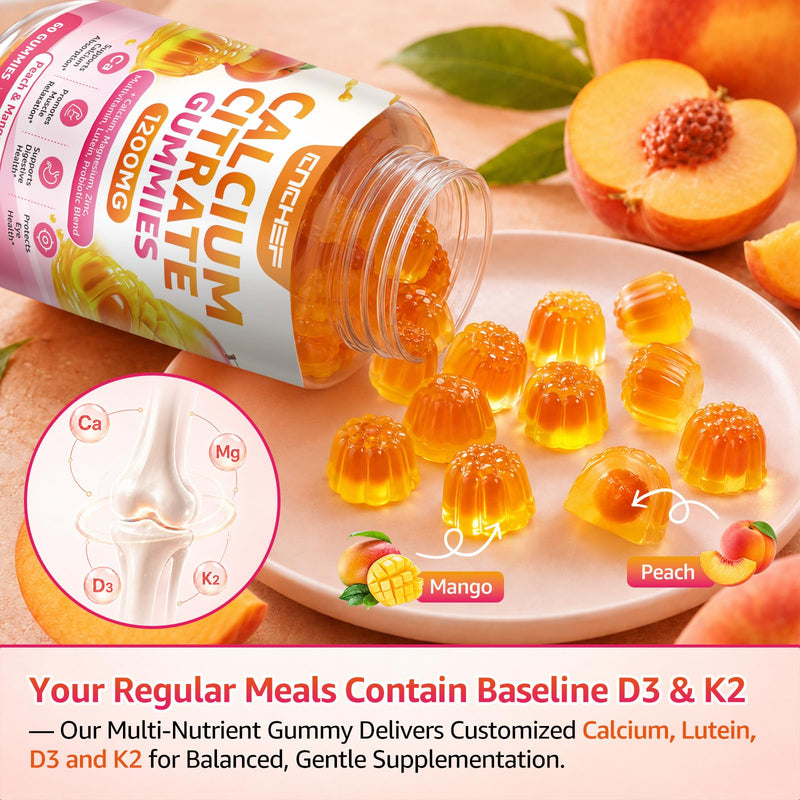 Calcium Gummies 1200mg, Calcium Supplements for Women with Vitamin D3, K2, Magnesium, Zinc High Absorption for Bone Muscle & Immune Support, Sugar Free, Vegan, Peach & Mango Flavor 60 Count (Pack of 1)