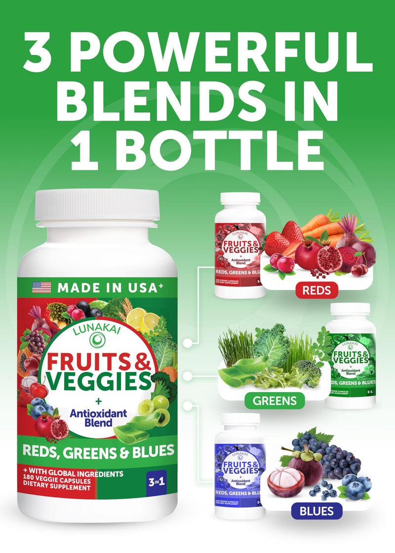 Lunakai USA Made Fruits & Veggies Supplement with 4 Superfood Blends, 180ct | Daily Greens & Reds Capsules with Antioxidants and Plant-Based Nutrients to Support Digestive & Immune Wellness 180 Count (Pack of 1) Superfood Fruits Capsules