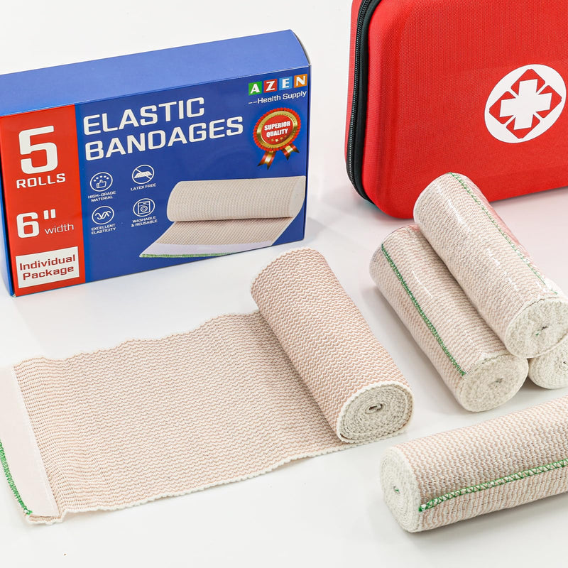AZEN Premium 5 Pack Elastic Bandage Wrap 6 Inch, Compression Wrap Bandage for Legs, Ankle, Knee, Tummy, Body, Latex-Free, Lymphedema Wraps for Legs A-5p(6in)
