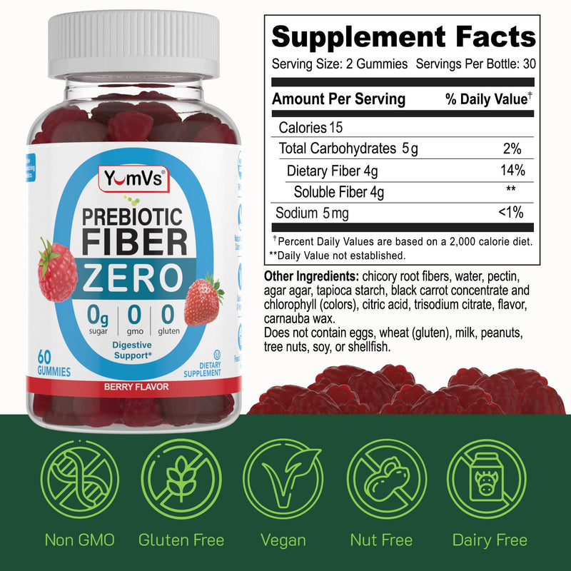 YumVs Sugar Free Fiber Gummies for Adults – 4g Prebiotic Fiber Supplement Gummies for Gut & Digestive Health – Keto Friendly, Vegan, Gluten Free, Non-GMO – Great Tasting Berry Flavor – 60 Count 60 Count (Pack of 1)