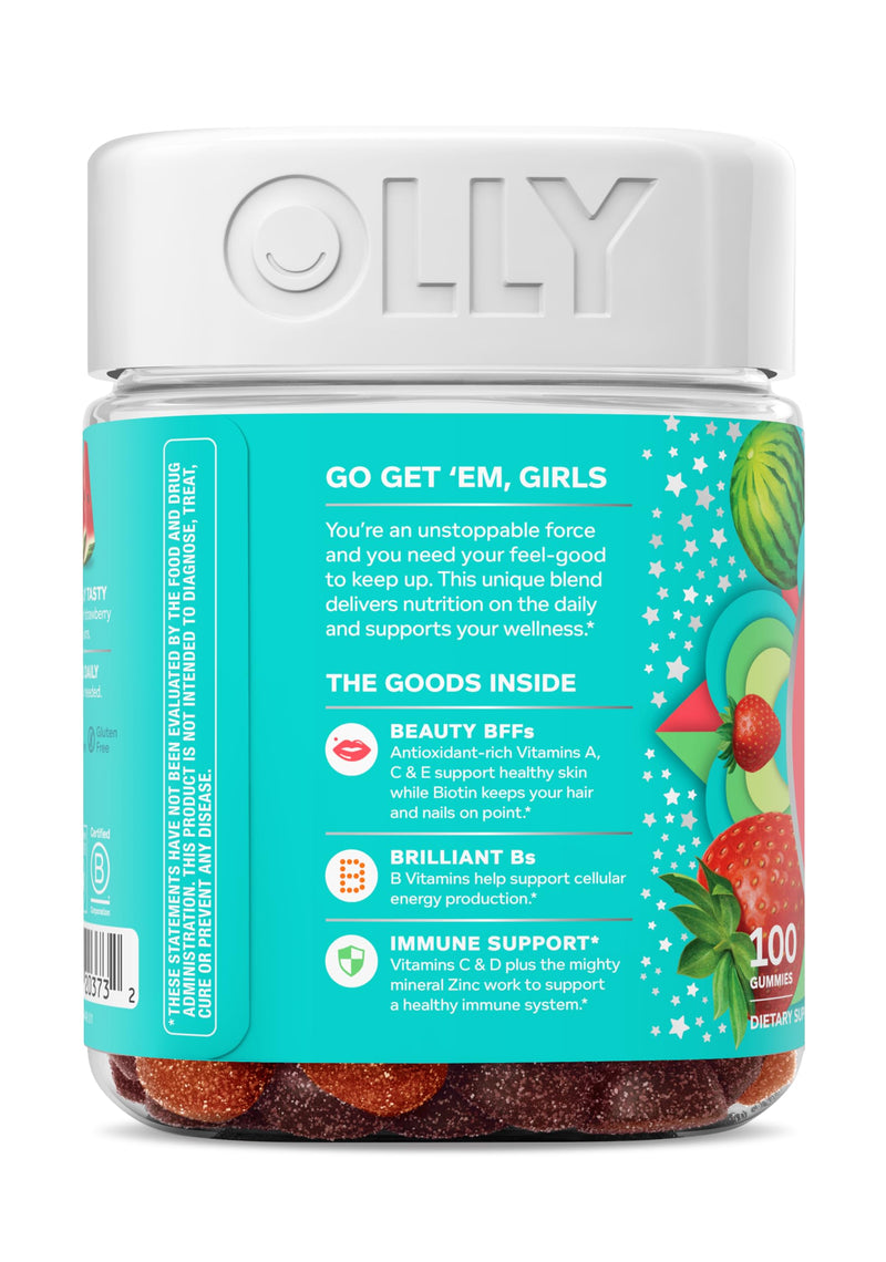 OLLY Teen Girl Multi Gummy, Healthy Skin and Immune Support*, Essential Vitamins, Biotin, Zinc, Chewable Multivitamin, Strawberry Melon Flavored, 50 Day Supply - 100 Count 100 Count (Pack of 1) - BeesActive Australia