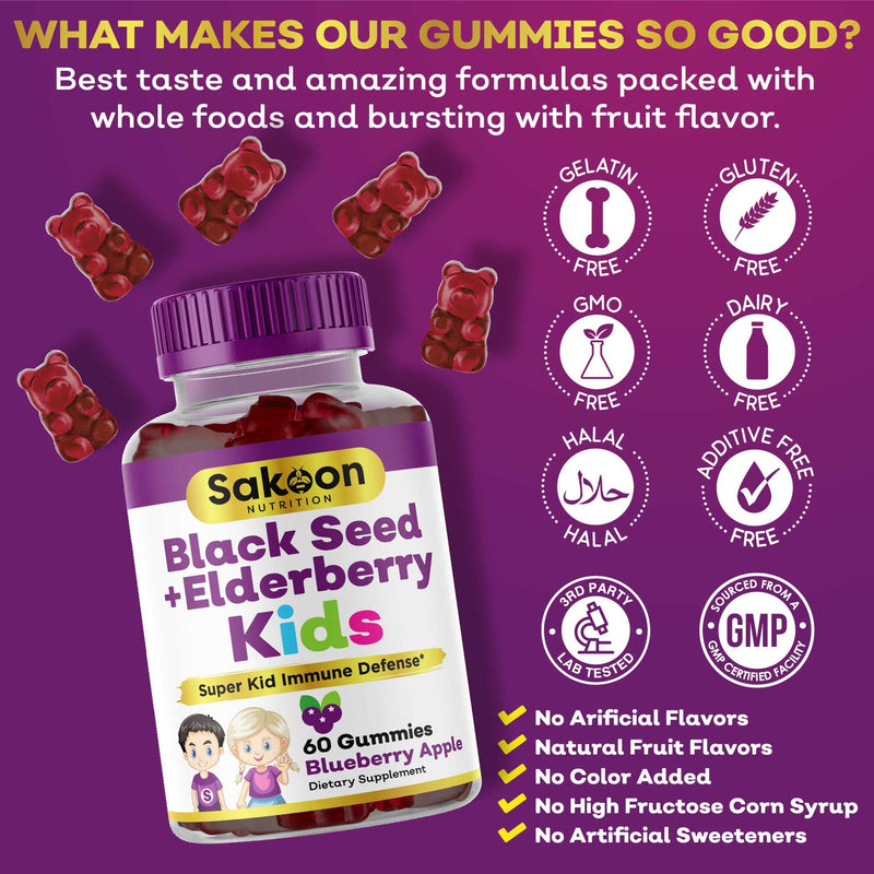 Sakoon nutrition Elderberry Gummies for Kids with Black Seed Oil, Immune Support, with Vitamin C and Zinc, Delicious Berry Flavor, 60 Gummies