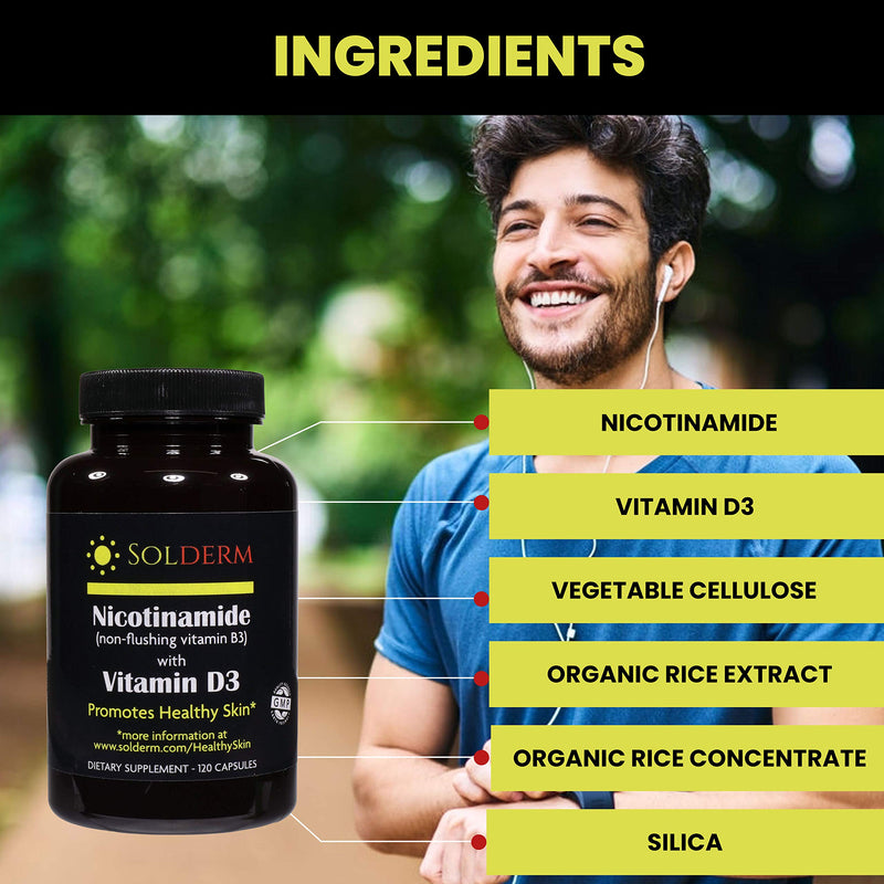Nicotinamide Non-Flushing Vitamin B3 and D3 Supplement | Vegetarian and Gluten-Free Oral Nicotinamide Supplement with Vegetable Cellulose Casings | Promotes Healthy Skin | 60 Capsules | 500mg | Vegetarian, Gluten-Free, Vegetable Cellulose Casings, Prom...