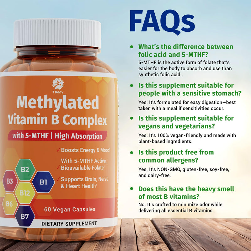 1 Body Methylated B Complex, 5-MTHF Folate & Methyl B12, Twin Pack | Not All B Vitamins Are the Same. Features active forms like 5-MTHF folate and methyl B12 for daily wellness support.* 60 Count (Pack of 2)