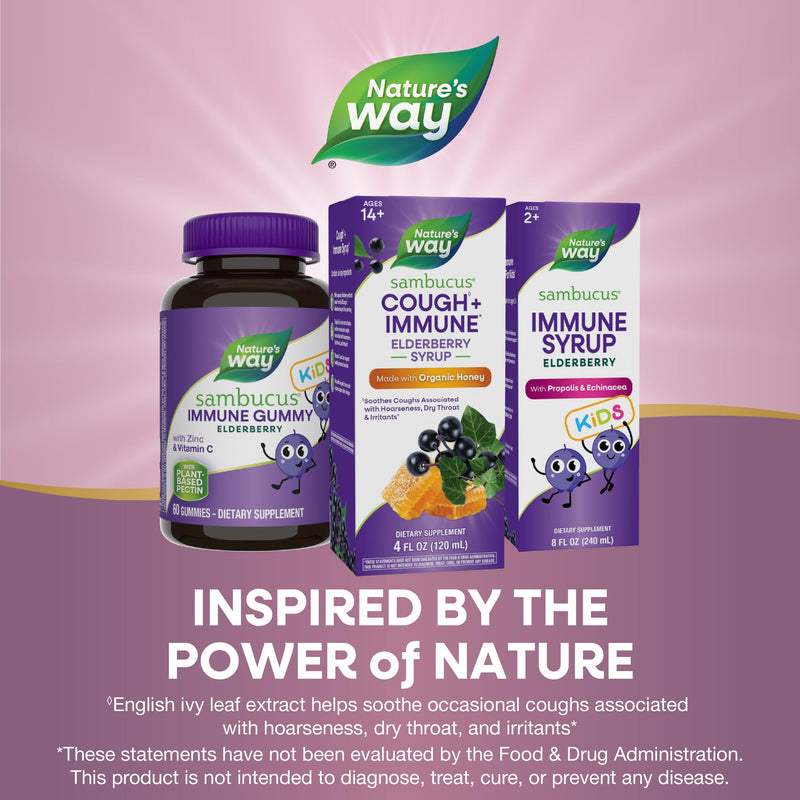 Nature's Way Sambucus Cough + Immune* Elderberry Syrup, Honey, 4 Fl Oz | 4 Fl Oz, Soothes Coughs Associated with Hoarseness, Dry Throat, and Irritants* Vitamin C, Zinc, Organic Honey