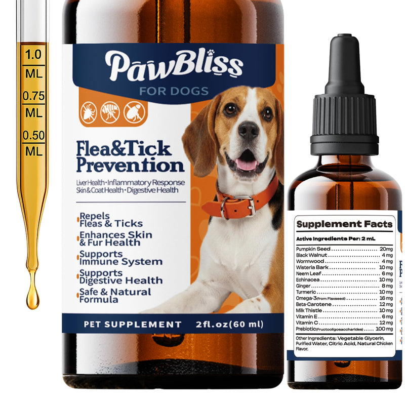 Flea and Tick Prevention for Dogs, Pets Oral Natural Supplement Drops with Multivitamin Care for All Breeds
