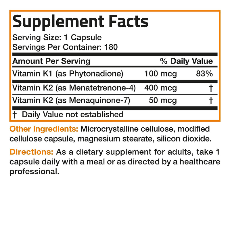 Vitamin K Triple Play (Vitamin K2 MK7 / Vitamin K2 MK4 / Vitamin K1) Full Spectrum Complex Vitamin K Supplement, 180 Capsules Unflavored 180 Count (Pack of 1) - BeesActive Australia