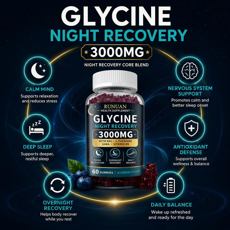 Glycine Gummies 3000mg Sleep Support with NAC, L-Theanine, GABA & B6, 60 Ct | 3g Glycine Supplements for Sleep Support, Nerve & Brain Health, Non-GMO, Sugar Free, Vegan, Blueberry Flavor