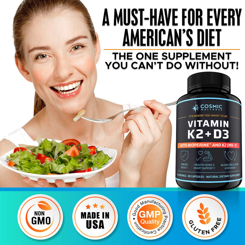 K2 D3 Vitamin Supplement 5000 Iu - for Healthier Bones, Blood, Heart, and Better Immunity - Enhanced Calcium Absorption with Bioperine - 100% Natural and Allergen-Free - Vitamin D3 K2 Mk7 5000 Iu