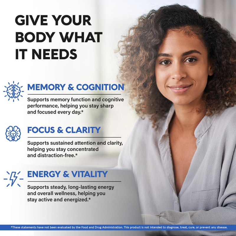 Brain Supplement for Memory & Focus 750 mg - Magnesium | L-Theanine | Bacopa Monnieri | Ginkgo Biloba | Lions Mane - 12in1 Nootropic Complex for Neuro Health - Caffeine-free - Made in USA, 60 Capsules - BeesActive Australia