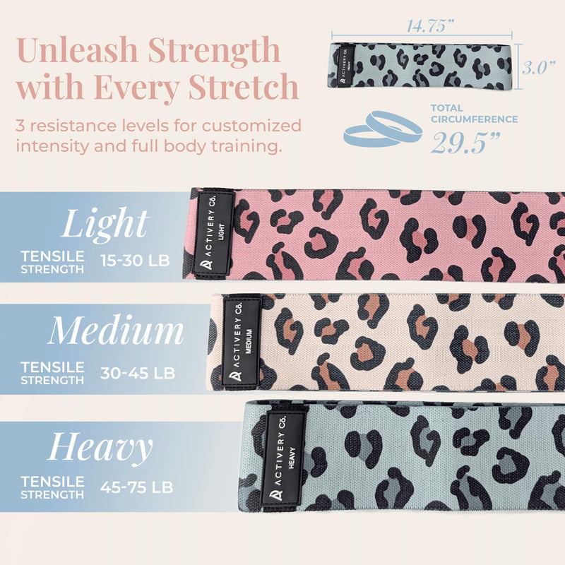Fabric Resistance Bands for Women – Non-Slip Fitness Tool for Glutes, Legs & Full-Body Training – Ideal for Toning & Recovery – Includes Workout Guide & Travel Bag – 3 Pack Leopard Print