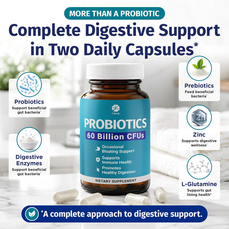 1 Body Probiotic 60 Billion with Prebiotics & Enzymes, 60 Vegan Caps | When Your Gut Feels Good, Everything Feels Better. Supports digestive balance and everyday wellness.* Digestive Probiotics
