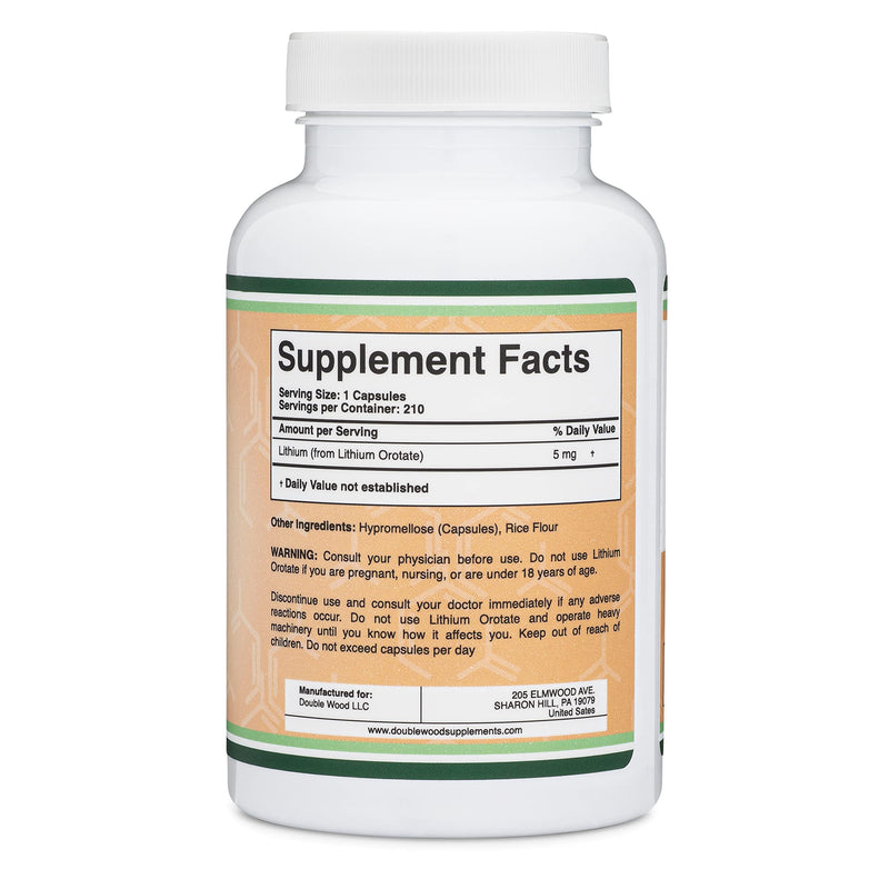 Double Wood Supplements Lithium Orotate 5mg, 210 Capsules (Third Party Tested, Vegan Safe, Non-GMO) for a Calmer Mind, More Balanced Mood, and Better Rest at Night - BeesActive Australia