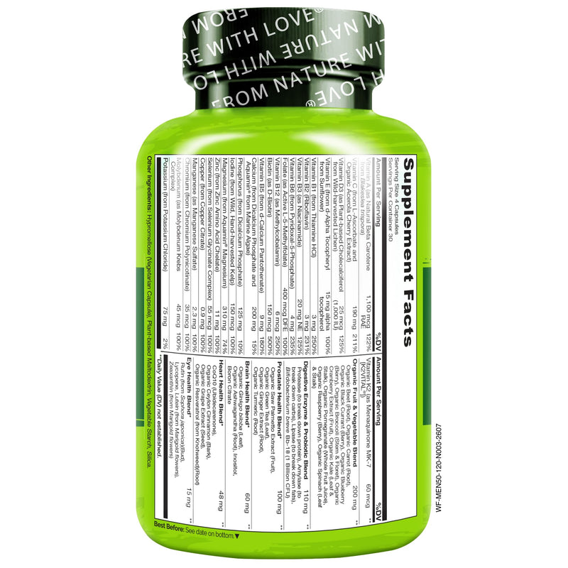 NATURELO Men's Multivitamins 50+, Whole Food Multivitamin for Men 120 Caps | Vitamins, minerals, vegetarian capsules, energy, brain, heart, eye health* 120 Count (Pack of 1)