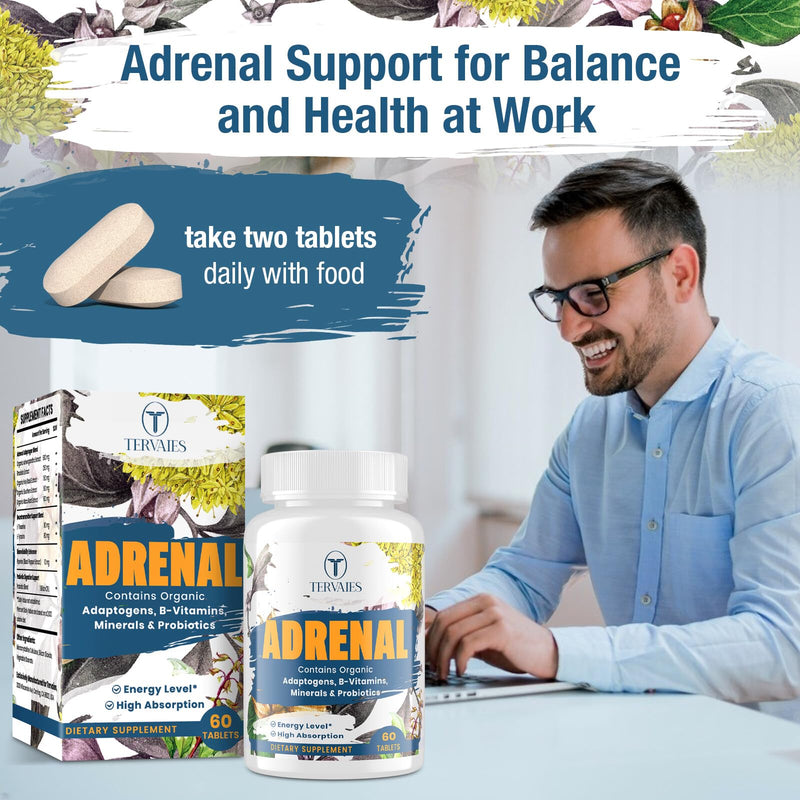 Adrenal Support Adaptogens Herbs Supplements - Cortisol Supplement with Rhodiola Rosea, Ashwagandha, Holy Basil and Eleuthero-Mood and Energy Support for Women & Men-Non-GMO, 60 Vegan Tablets 60 Count (Pack of 1)