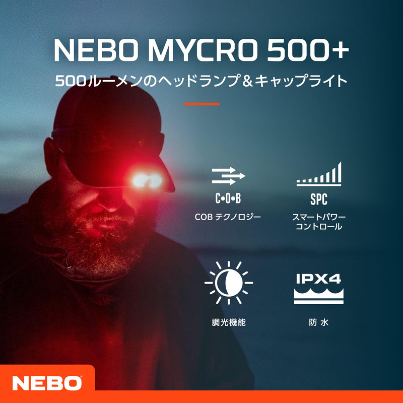 NEBO MYCRO 500+ Rechargeable Headlamp | 500 Lumens, 7 Light Modes, Water Resistant, Detachable Hat Clip, Super Bright Head Lamp for Camping & Hiking, Includes Micro USB-C Charging Cable Mycro 500+ - 500 Lumens flashlight