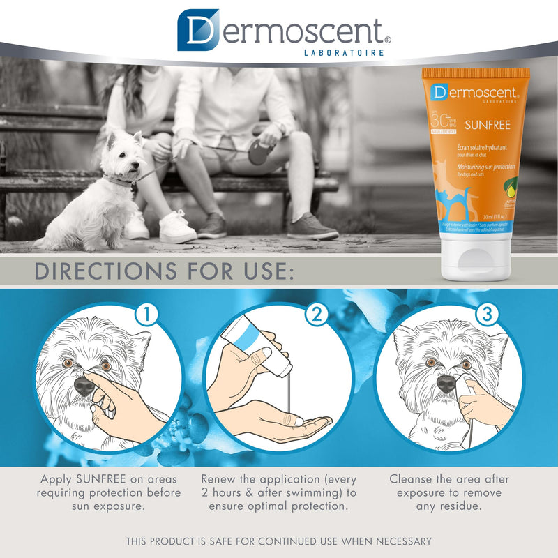 Dermoscent SunFREE SPF30+ Cat & Dog Sunscreen - Safe & Natural Mineral Sunscreen Moisturizing Sun Protection - 30 Ml / 1 Fl. Oz.