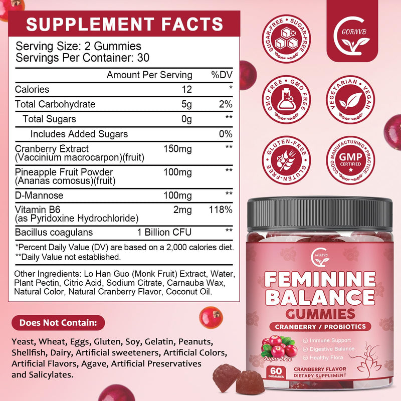Premium Feminine Balance Gummies for Women with Cranberry Pineapple Powder | Support pH Balance & Vaginal Probiotics Health Gummies with D-Mannose , Sugar Free, Gluten Free, Vegan 60 Count (Pack of 1)