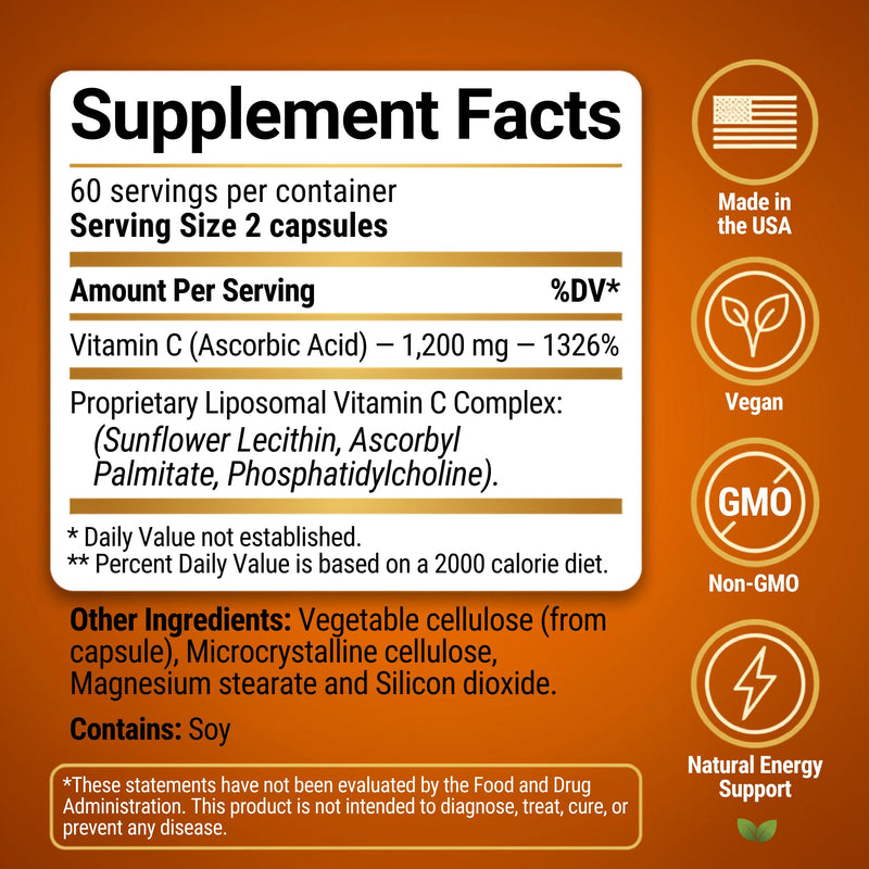Pure Liposomal Vitamin C - 1200mg Immune System & Collagen Health Booster, Anti Aging Skin Vitamins, Sodium Ascorbate, Sunflower Lecithin (120 Capsules / 2 Months) 120 Count (Pack of 1)