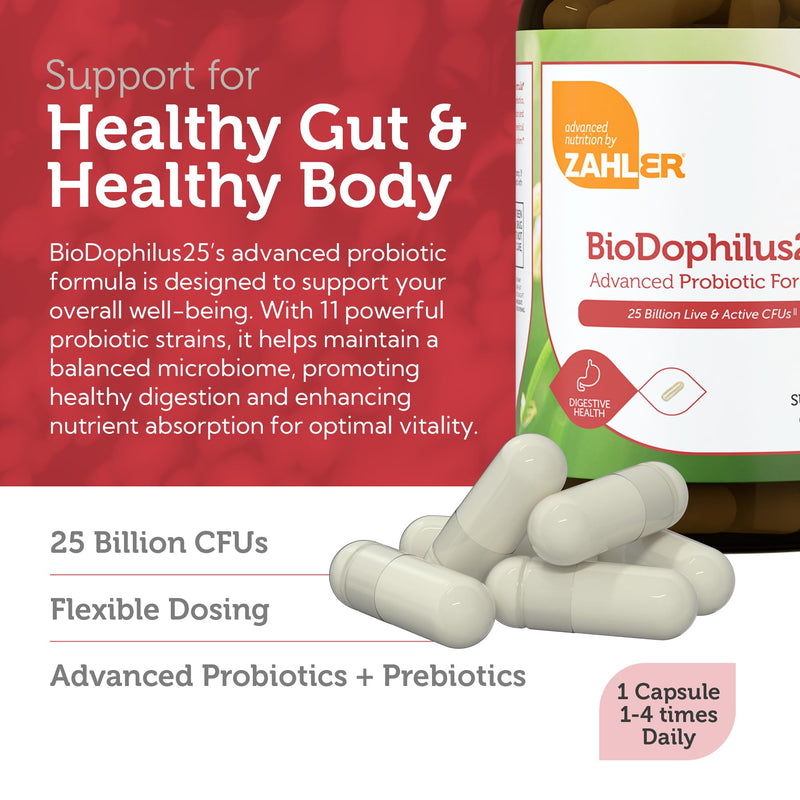 Zahler BioDophilus25, 25 Billion CFU Probiotic + Prebiotic - 11 Strains Daily Probiotic Supplement - Kosher Probiotics for Women for Digestive Health, Probiotics for Men for Gut Health (120 Capsules)