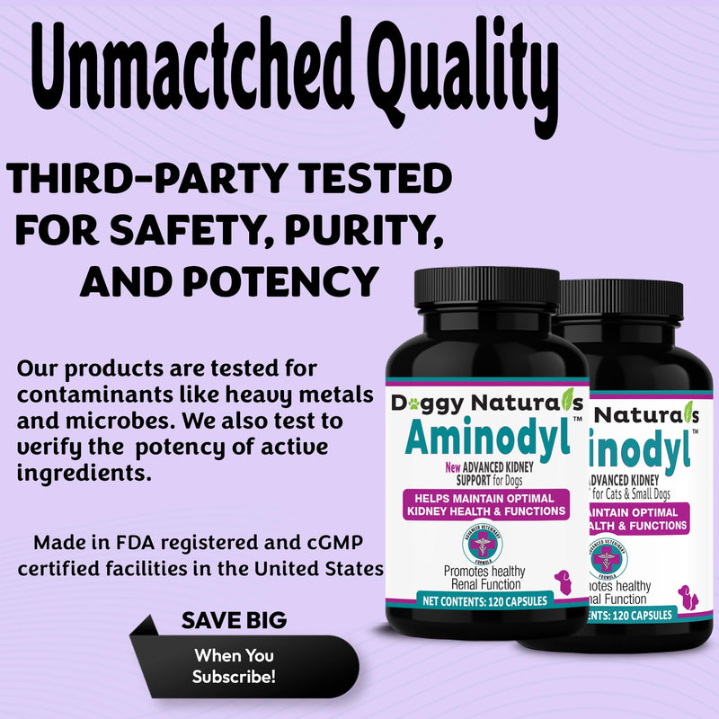 Aminodyl™ Kidney Support Supplement 1100mg for Dogs - Supports Natural Kidney Function with Amino Vastly Promotes Health, Wellbeing & Vitality of Kidneys 120 Sprinkle Capsules. Made in U.S.A Dogs >20lbs (120 Caps) 1100mg