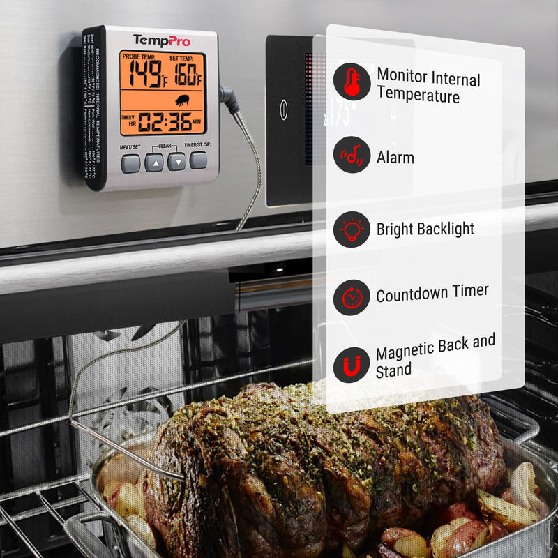 TempPro Digital Meat Thermometer for Cooking and Grilling, BBQ Food Thermometer with Backlight and Kitchen Timer, Grill Temperature Probe Thermometer for Smoker, Oven, Baking,Oil(Previously ThermoPro) Light Silver - BeesActive Australia