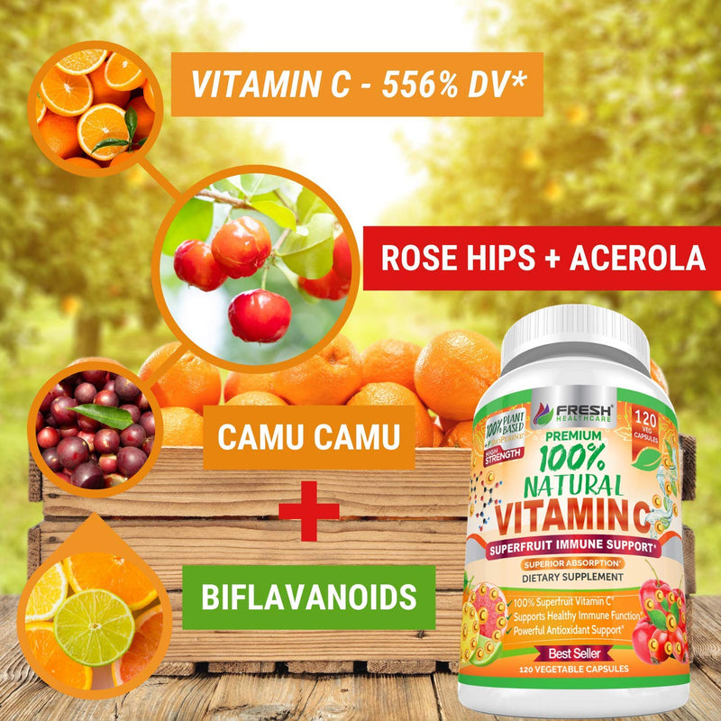 Fresh Healthcare Vitamin C 500mg Capsules, Whole Food Natural Supplement from Rose Hips, Acerola Cherry and Camu Camu with Citrus Bioflavonoids and BioPerine for Immune Support, 120 Vegan Pills