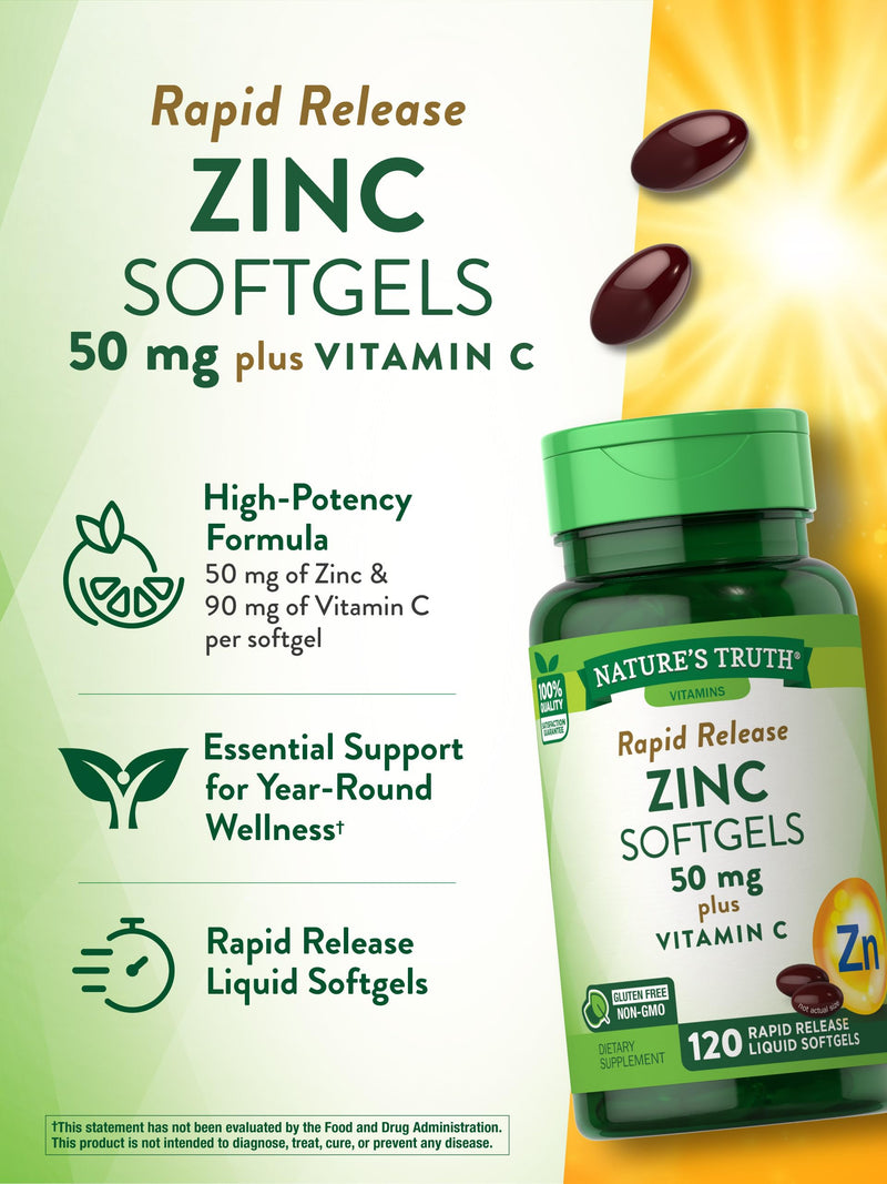 Nature's Truth Zinc with Vitamin C | 50mg | 120 Softgels | Non-GMO & Gluten Free Supplement - BeesActive Australia