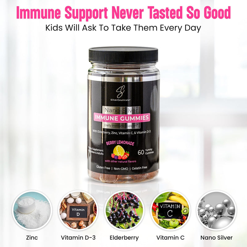 5-in-1 Elderberry Silver Immune Multi Gummies - 60ct - Berry Lemonade | Sambucus Elderberry, Nano Colloidal Silver, Vitamin C & D, Zinc, Great for Kids & Adults, Ages 4 & Up, Gluten & Gelatin Free