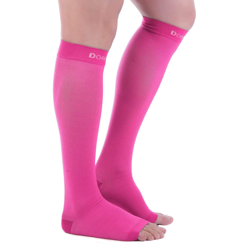 Doc Miller Open Toe Compression Socks, 20-30 mmHg, Toeless Compression Sleeves for Legs, Knee High Stockings for Shin Splints, Varicose Veins, Travel, Calf Support & Muscle Recovery, Men & Women, Pair Medium Pink - BeesActive Australia