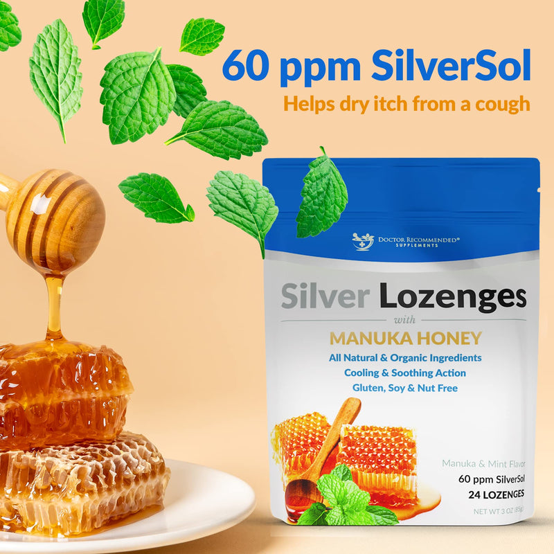 Silver Lozenges with Organic Manuka Honey and Vitamin C - All-Natural Nano Silver 45-50mcg of 60 PPM Colloidal Mineral Drops to Support Immune System, Soothe, Cool Cough & Throat, 96-Lozenges 24 Count (Pack of 4)